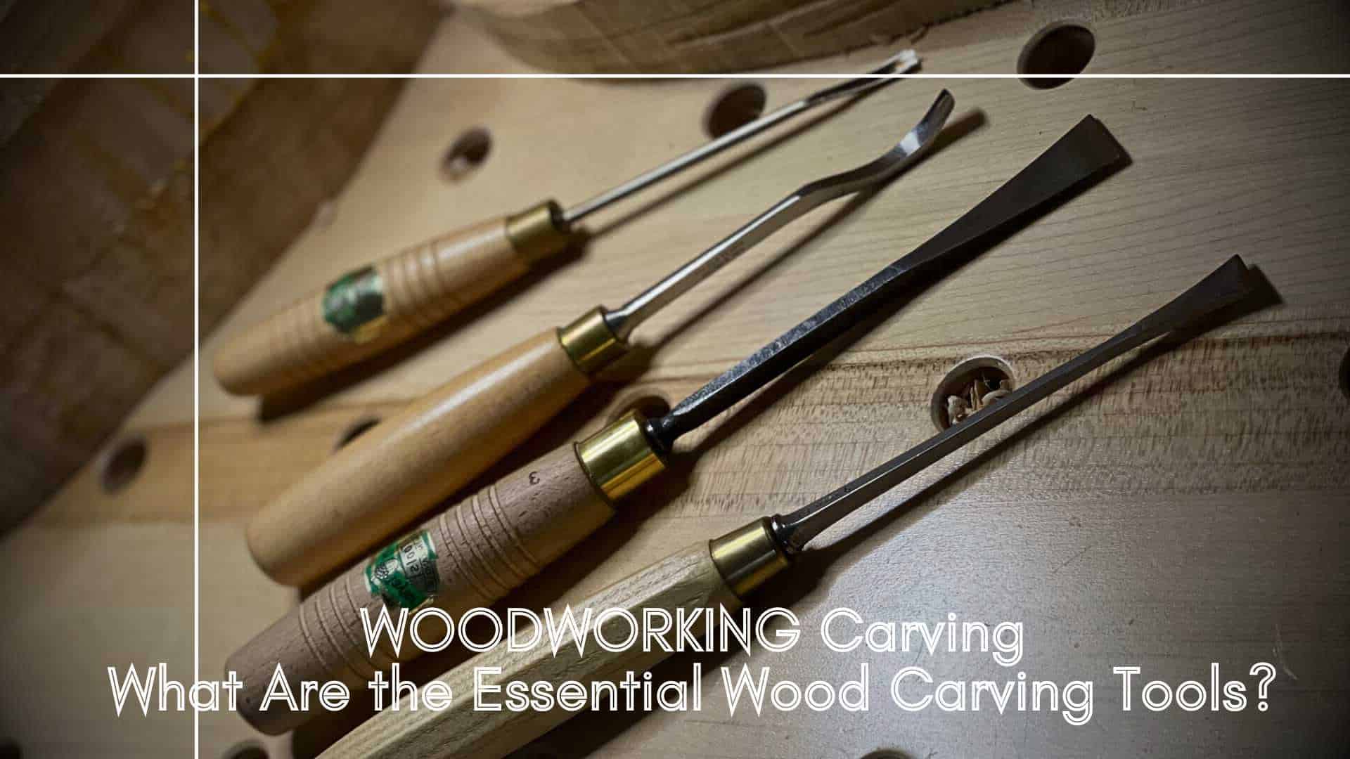 Alt text: A close-up view of essential wood carving tools, including multiple chisels with wooden handles, resting on a wooden workbench. Perfect for anyone interested in wood carving classes or lessons!