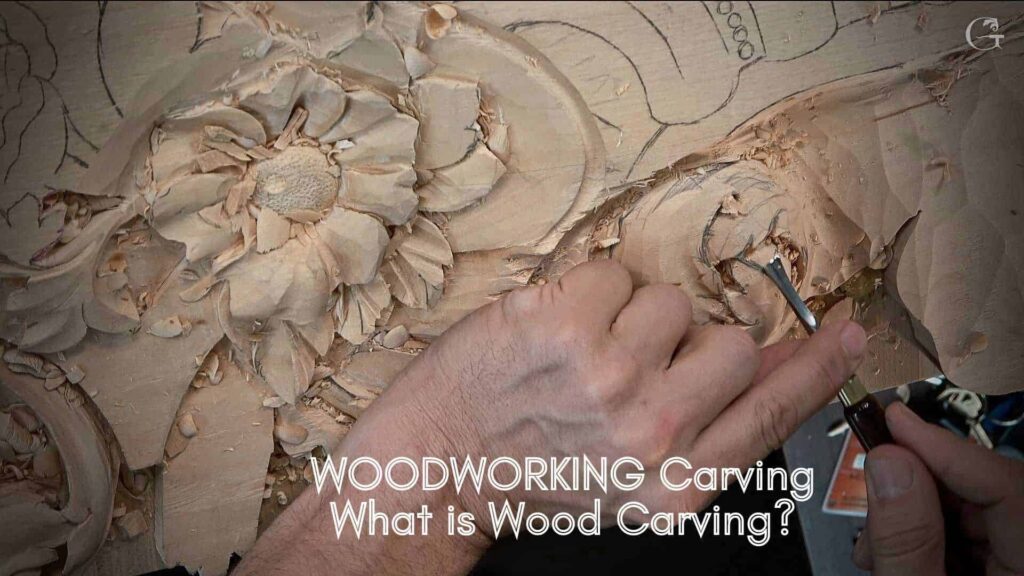 WOODCARVING LESSONS: A person carves a flower design in wood with a tool. The text says, "WOODWORKING Carving: Beginner tips for carving techniques." The only person in the pictures is "Woodcarver Grabovetskiy". - Wood Carving tutorials