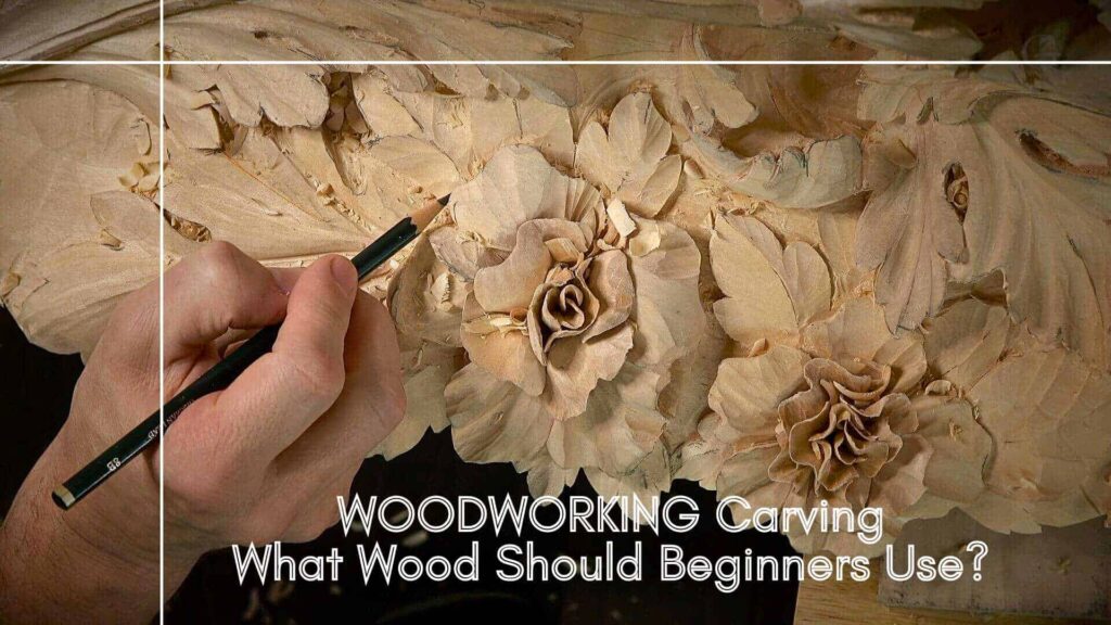 WOODCARVING LESSONS: A hand uses a tool to carve detailed flower designs into wood. Text says, "WOODCARVING: The Best Wood for Beginners." Only person shown in pictures is "Woodcarver Grabovetskiy". - Wood Carving tutorials