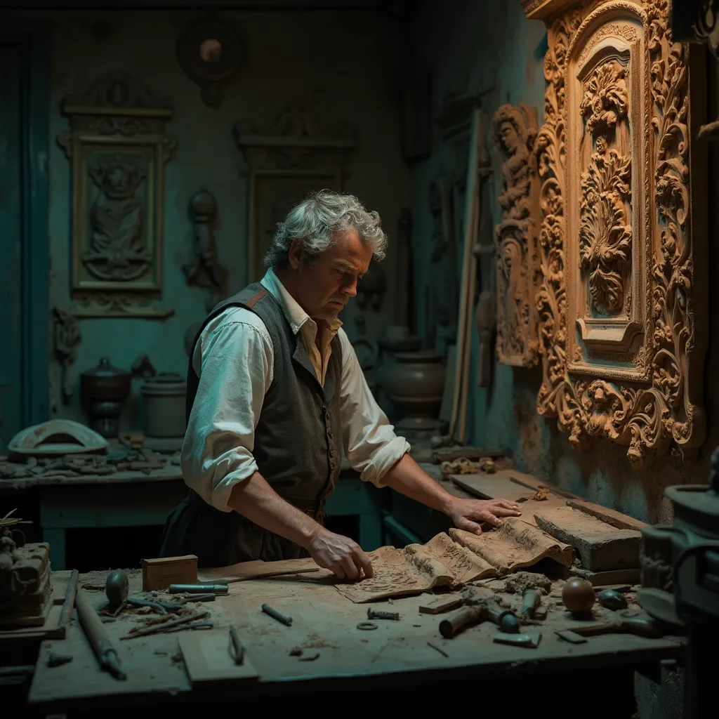 WOODCARVING LESSONS: Woodcarver Grabovetskiy, a man with a beard, holds a sign that says "What wood is the best for carving?" He looks thoughtful. Carving tools are on the table in front of him. - Wood Carving tutorials