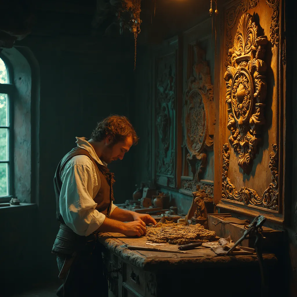 WOODCARVING LESSONS: Woodcarver Grabovetskiy, a man with a beard, holds a sign that says "What wood is the best for carving?" He looks thoughtful. Carving tools are on the table in front of him. - Wood Carving tutorials