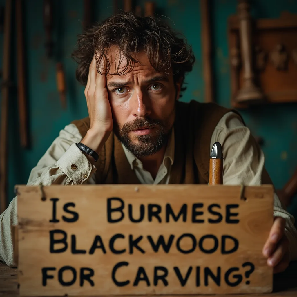 Man with a beard looking puzzled, holding a wooden sign that reads, "Is Burmese Blackwood for Carving?" in a workshop setting.