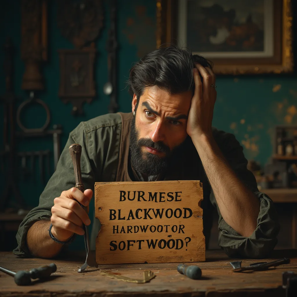 A bearded man in a workshop looks confused, holding a sign that reads "Burmese Blackwood Hardwood or Softwood?