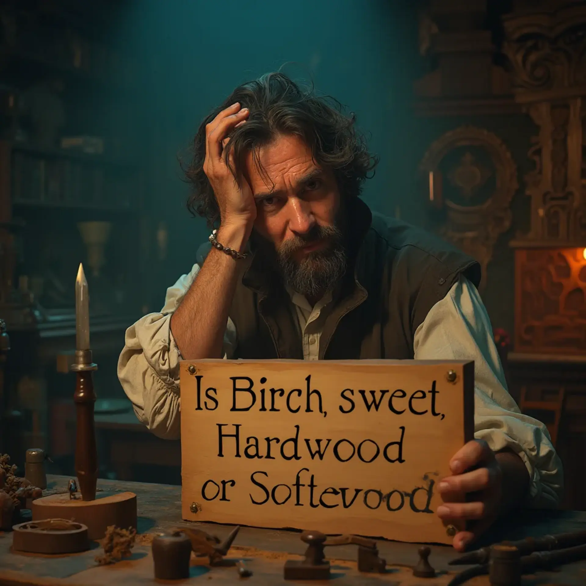 WOODCARVING LESSONS: Woodcarver Grabovetskiy, a man with a beard, holds a sign that says "What wood is the best for carving?" He looks thoughtful. Carving tools are on the table in front of him. - Wood Carving tutorials