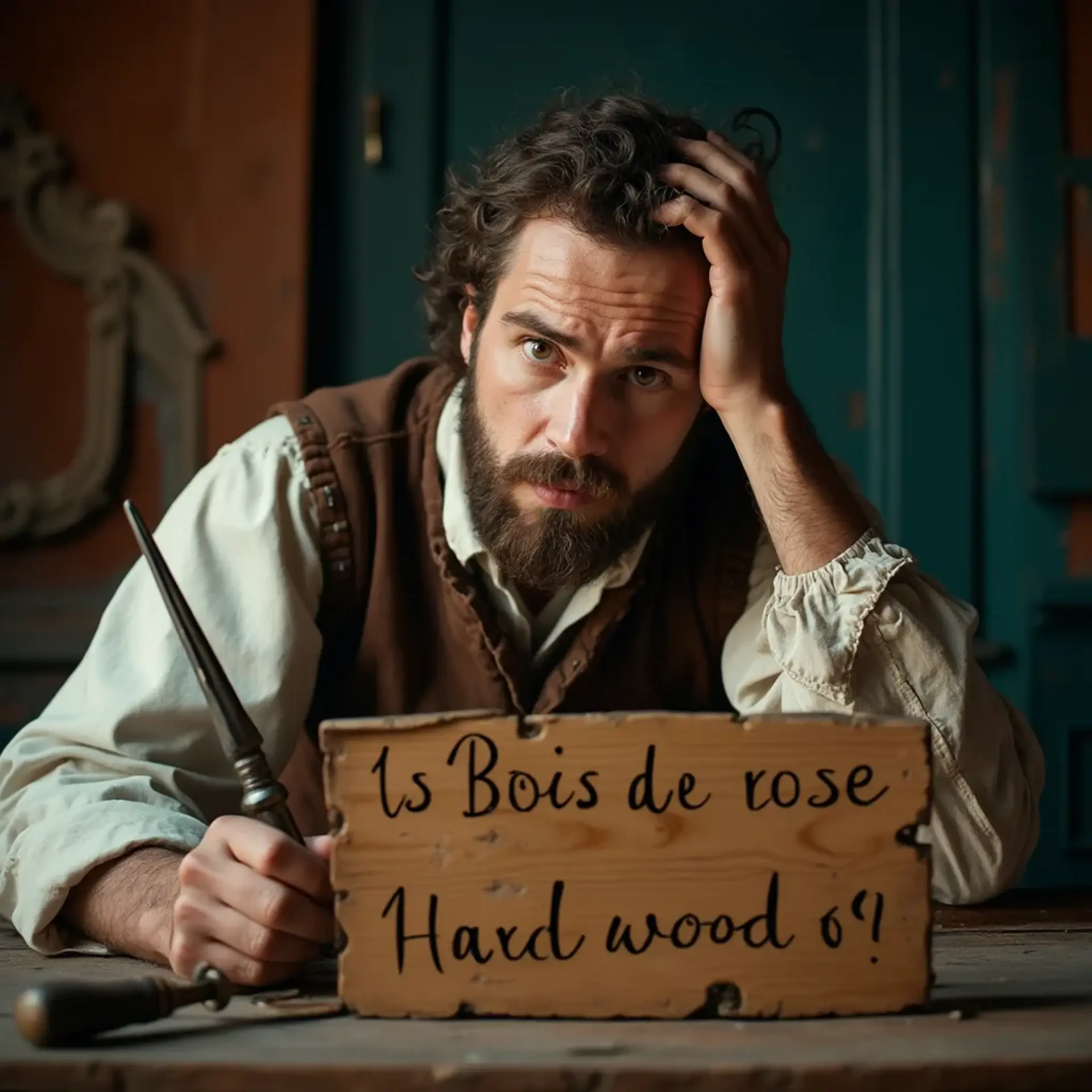 WOODCARVING LESSONS: Woodcarver Grabovetskiy, a man with a beard, holds a sign that says "What wood is the best for carving?" He looks thoughtful. Carving tools are on the table in front of him. - Wood Carving tutorials