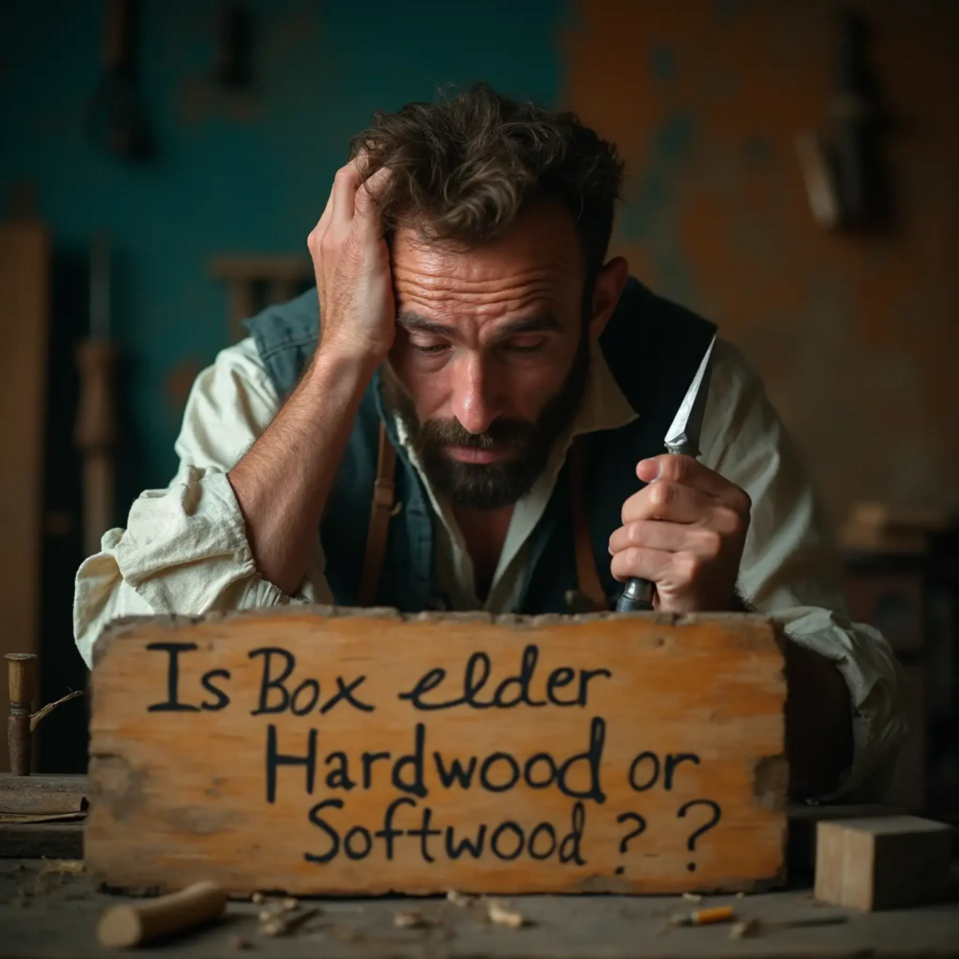 WOODCARVING LESSONS: Woodcarver Grabovetskiy, a man with a beard, holds a sign that says "What wood is the best for carving?" He looks thoughtful. Carving tools are on the table in front of him. - Wood Carving tutorials