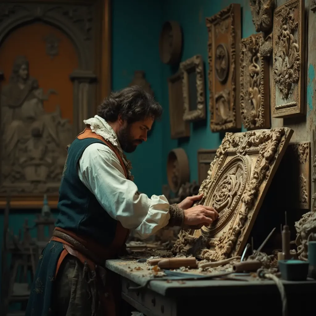 A skilled artisan focuses on intricate wood carving, surrounded by beautifully crafted reliefs on the walls. The workspace is full of tools like chisels and gouges, with wood shavings scattered across the workbench. This scene captures the dedication found in wood carving classes and lessons, showcasing the creativity and craftsmanship involved.