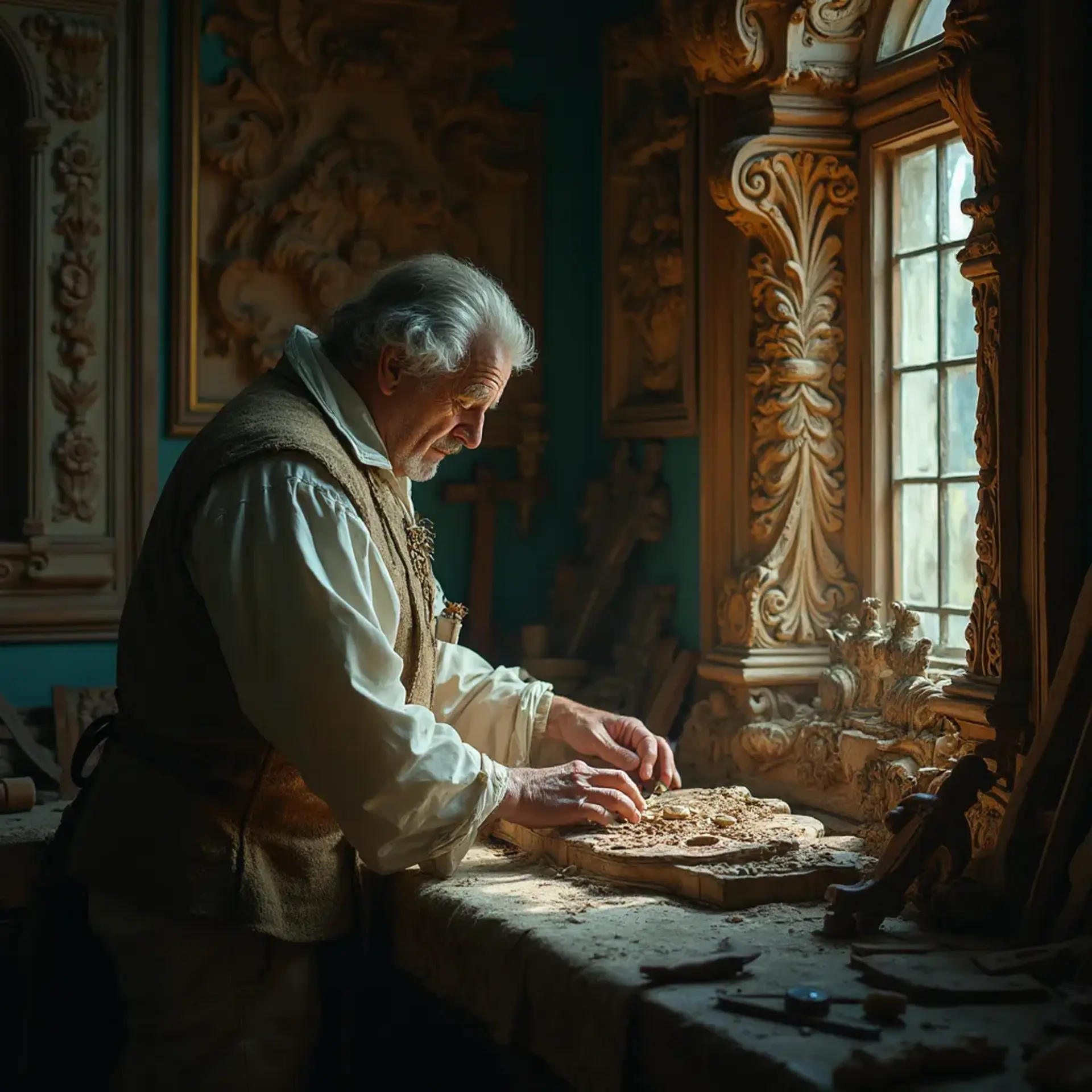 WOODCARVING LESSONS: Woodcarver Grabovetskiy, a man with a beard, holds a sign that says "What wood is the best for carving?" He looks thoughtful. Carving tools are on the table in front of him. - Wood Carving tutorials