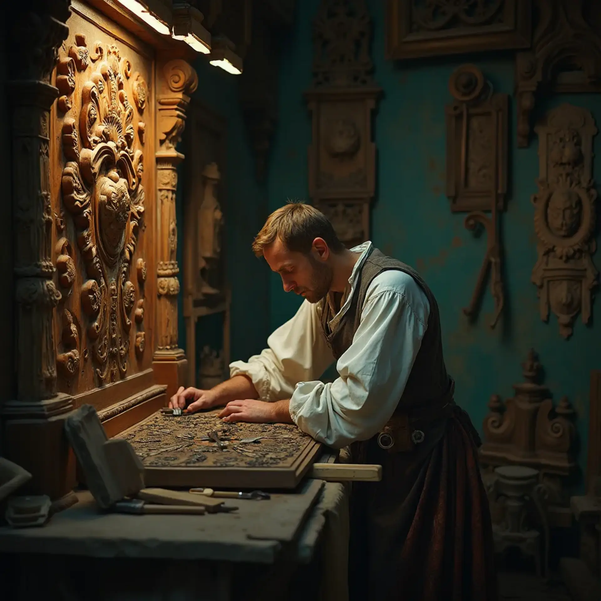 WOODCARVING LESSONS: Woodcarver Grabovetskiy, a man with a beard, holds a sign that says "What wood is the best for carving?" He looks thoughtful. Carving tools are on the table in front of him. - Wood Carving tutorials