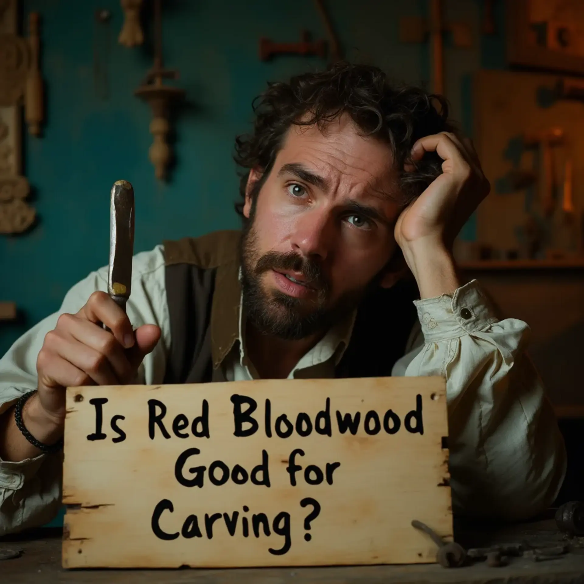 WOODCARVING LESSONS: Woodcarver Grabovetskiy, a man with a beard, holds a sign that says "What wood is the best for carving?" He looks thoughtful. Carving tools are on the table in front of him. - Wood Carving tutorials