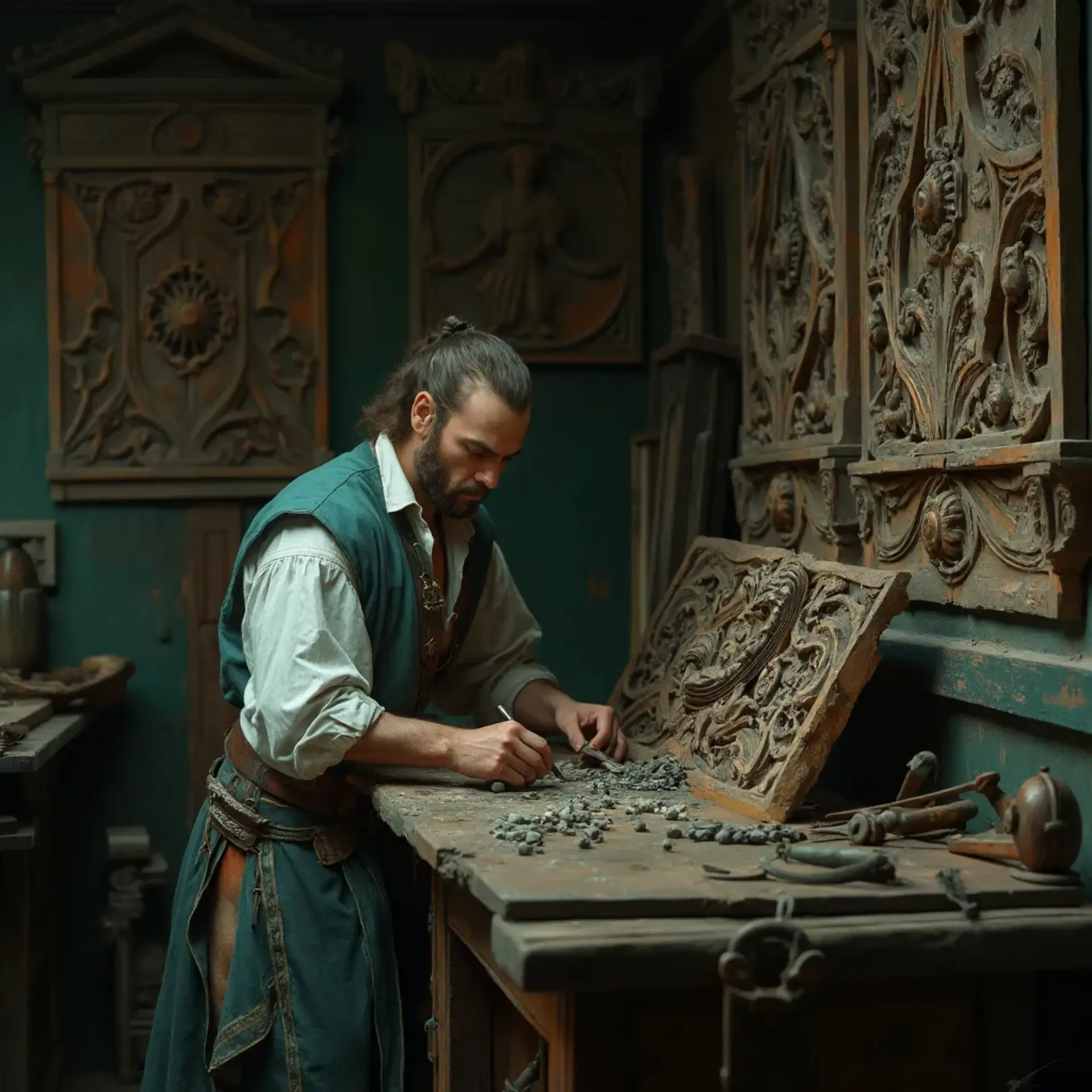 WOODCARVING LESSONS: Woodcarver Grabovetskiy, a man with a beard, holds a sign that says "What wood is the best for carving?" He looks thoughtful. Carving tools are on the table in front of him. - Wood Carving tutorials