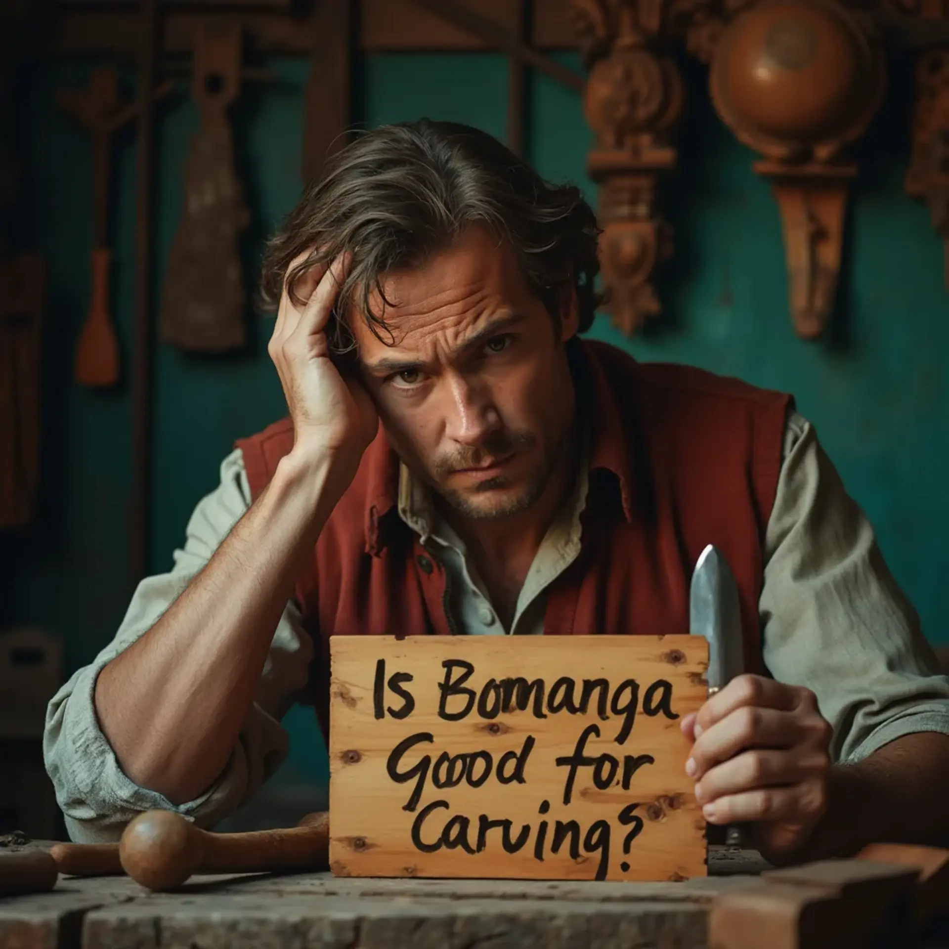 WOODCARVING LESSONS: Woodcarver Grabovetskiy, a man with a beard, holds a sign that says "What wood is the best for carving?" He looks thoughtful. Carving tools are on the table in front of him. - Wood Carving tutorials