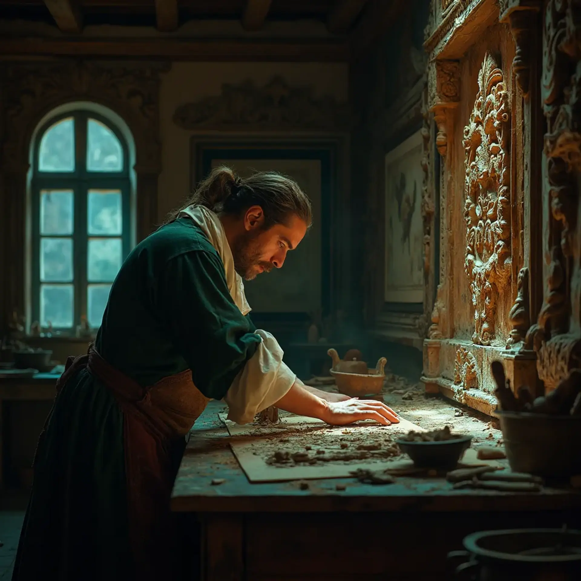WOODCARVING LESSONS: Woodcarver Grabovetskiy, a man with a beard, holds a sign that says "What wood is the best for carving?" He looks thoughtful. Carving tools are on the table in front of him. - Wood Carving tutorials