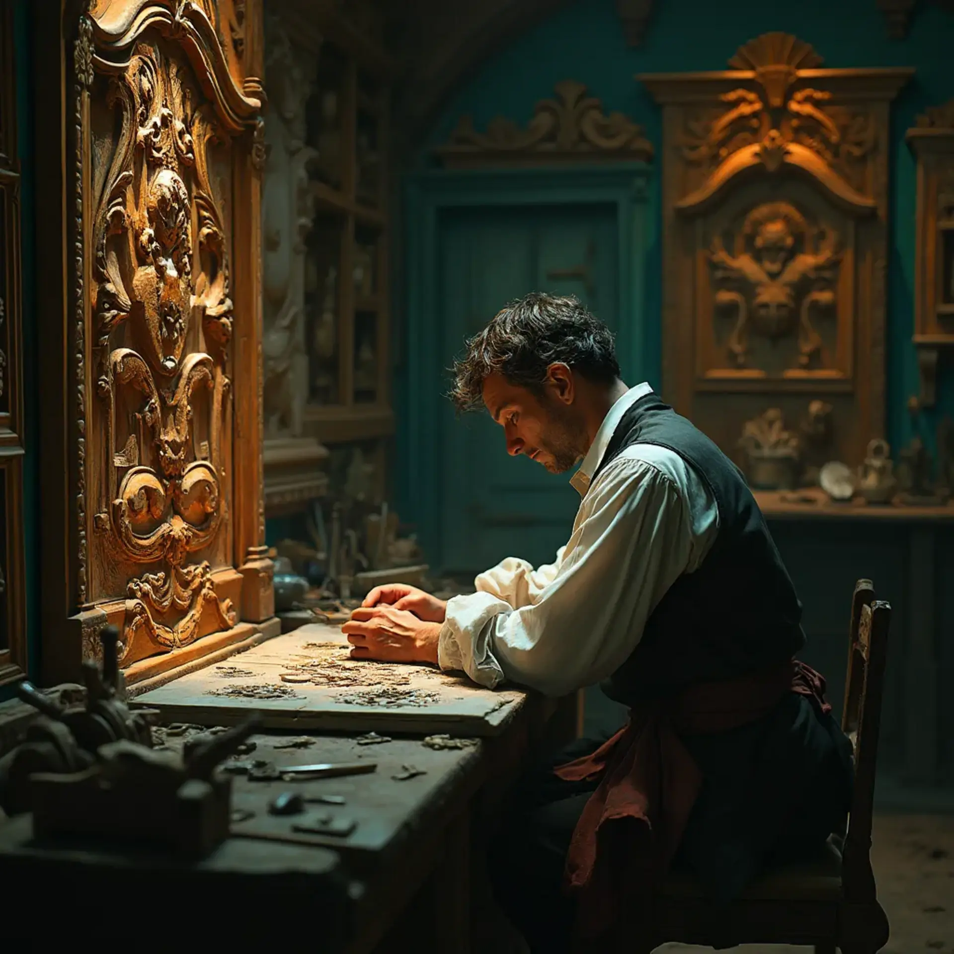 A thoughtful woodworker sitting at a workbench, pondering the best type of wood for carving. He holds a carving tool in one hand, with a sign in front of him that reads, "What wood is the best for carving?" This scene hints at the importance of choosing the right materials in wood carving classes and lessons.