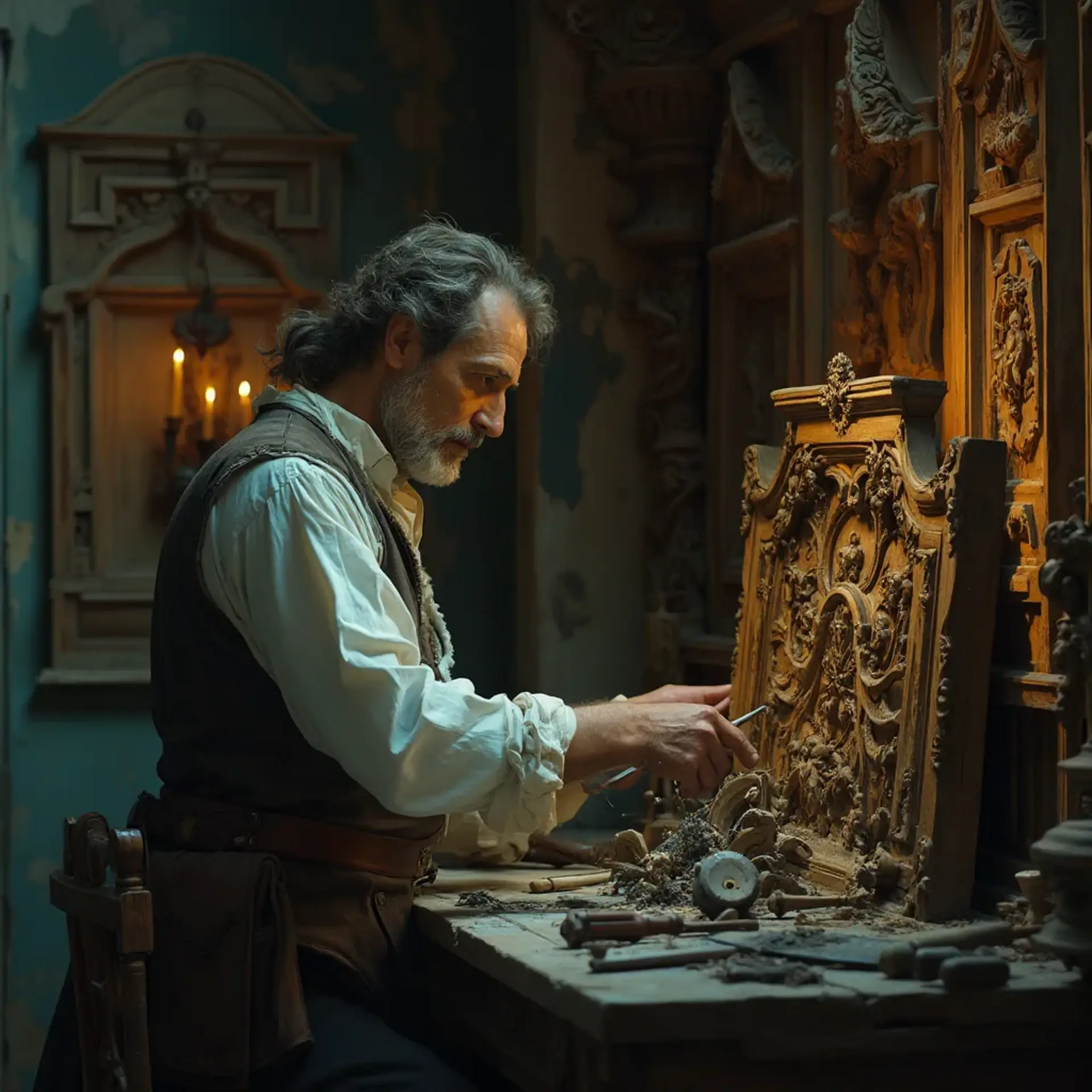 WOODCARVING LESSONS: Woodcarver Grabovetskiy, a man with a beard, holds a sign that says "What wood is the best for carving?" He looks thoughtful. Carving tools are on the table in front of him. - Wood Carving tutorials