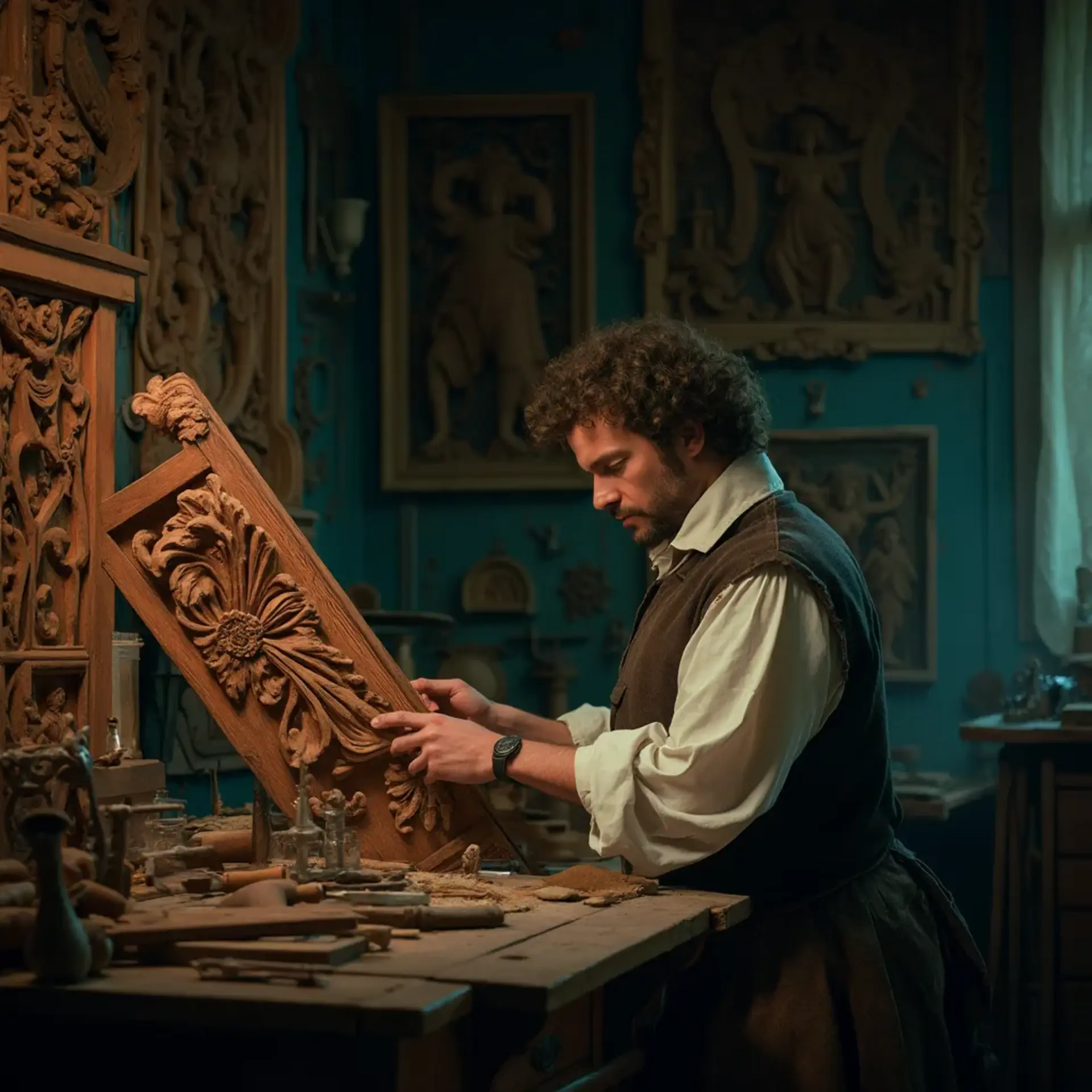Alt text: A focused man with a beard sits at a workbench, pondering the question, "What wood is the best for carving?" surrounded by woodworking tools, emphasizing the topic of wood carving classes and lessons.