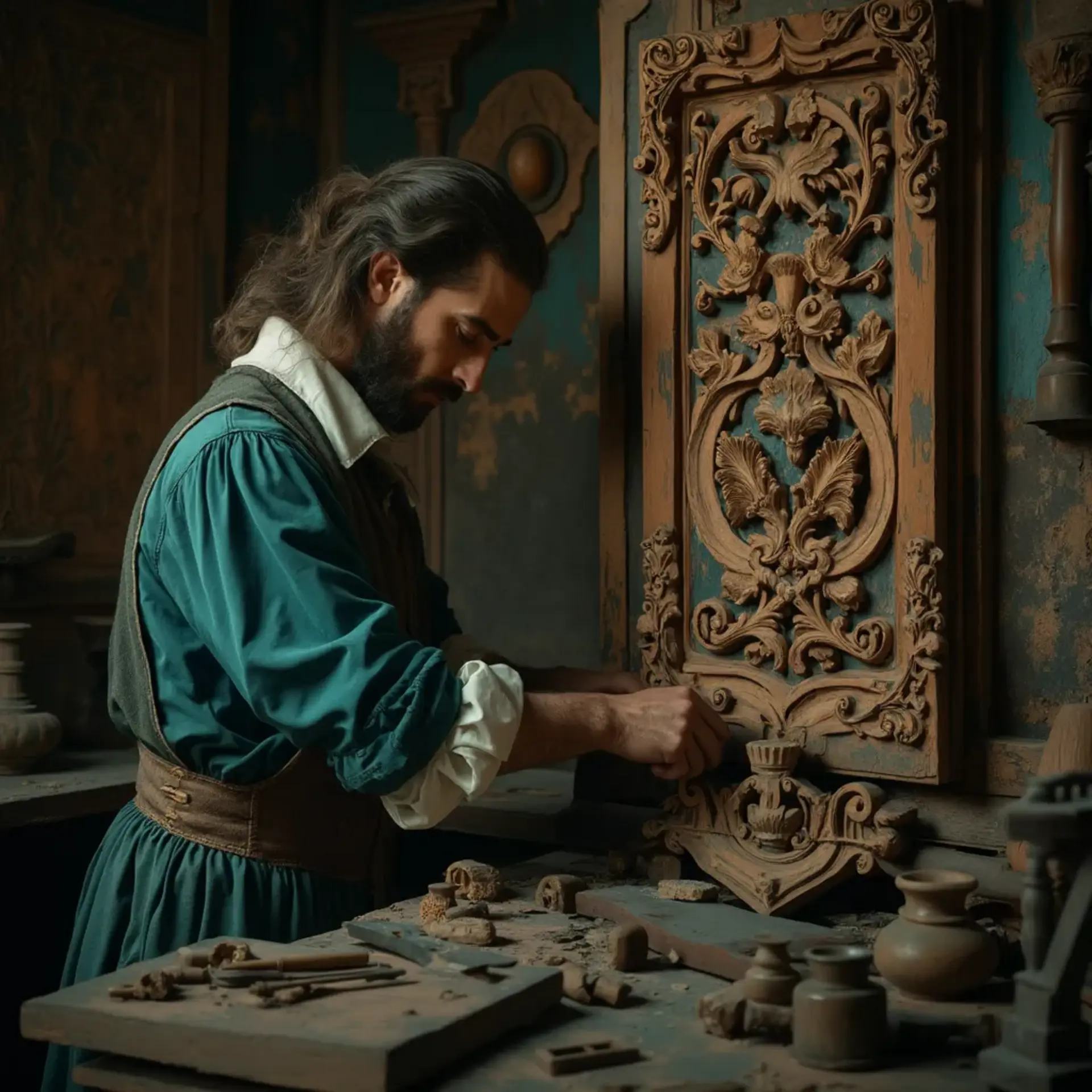 Alt text: A focused man with a beard sits at a workbench, pondering the question, "What wood is the best for carving?" surrounded by woodworking tools, emphasizing the topic of wood carving classes and lessons.