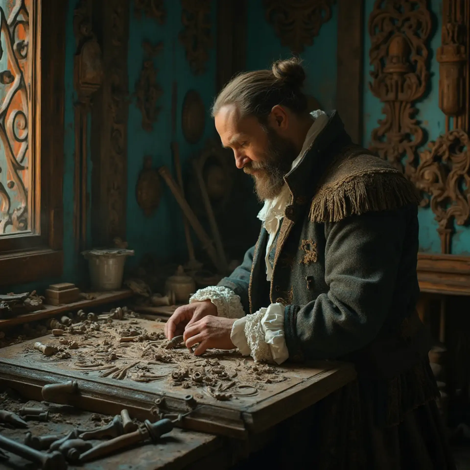 A thoughtful person gazing thoughtfully while touching a beautifully carved wooden column. The intricate carvings depict scenes of historical significance, showcasing the skills involved in wood carving. This image highlights the artistry found in wood carving classes and lessons.