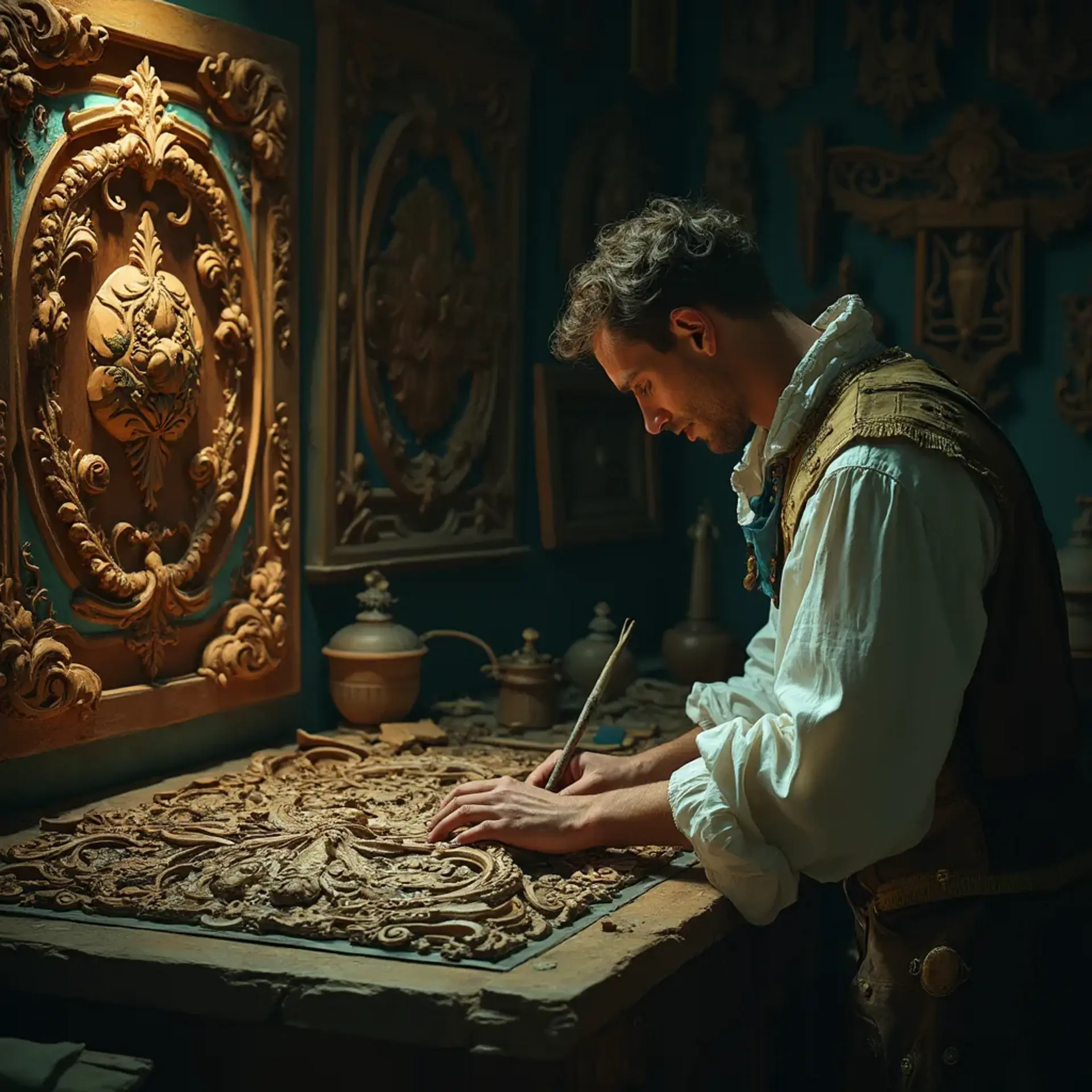 A craftsman intricately carving wood at a workbench, surrounded by ornate, framed wooden designs in a dimly lit workshop.