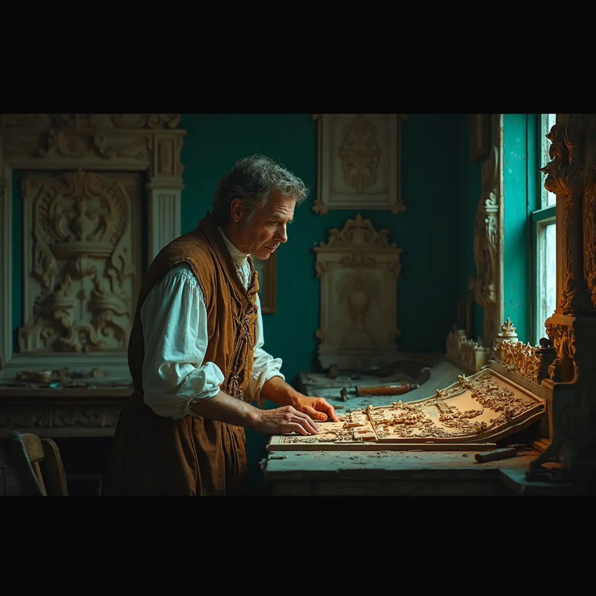 WOODCARVING LESSONS: Woodcarver Grabovetskiy, a man with a beard, holds a sign that says "What wood is the best for carving?" He looks thoughtful. Carving tools are on the table in front of him. - Wood Carving tutorials