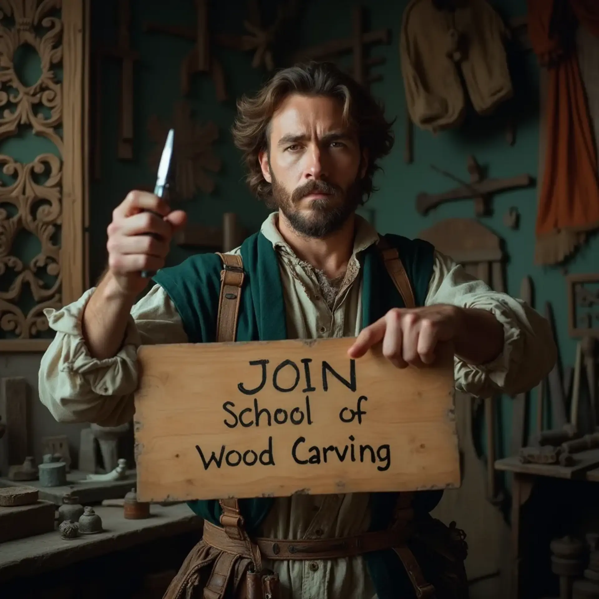 WOODCARVING LESSONS: Woodcarver Grabovetskiy, an elderly man with a gray beard, holds a carving tool and a sign that asks, "What is the best wood for carving? - Wood Carving tutorials