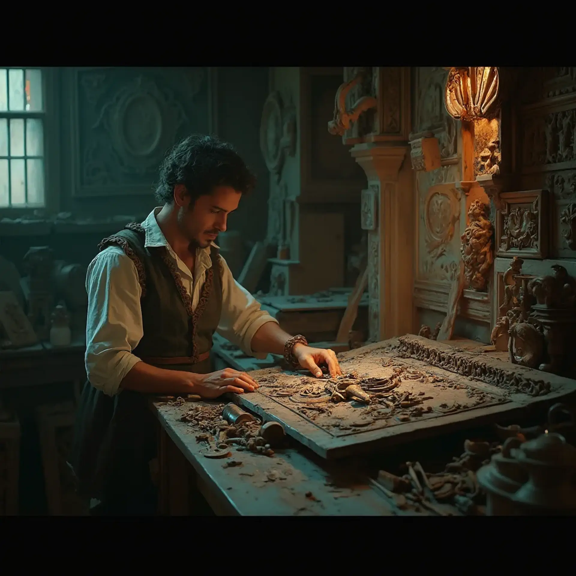 WOODCARVING LESSONS: Woodcarver Grabovetskiy, a man with a beard, holds a sign that says "What wood is the best for carving?" He looks thoughtful. Carving tools are on the table in front of him. - Wood Carving tutorials
