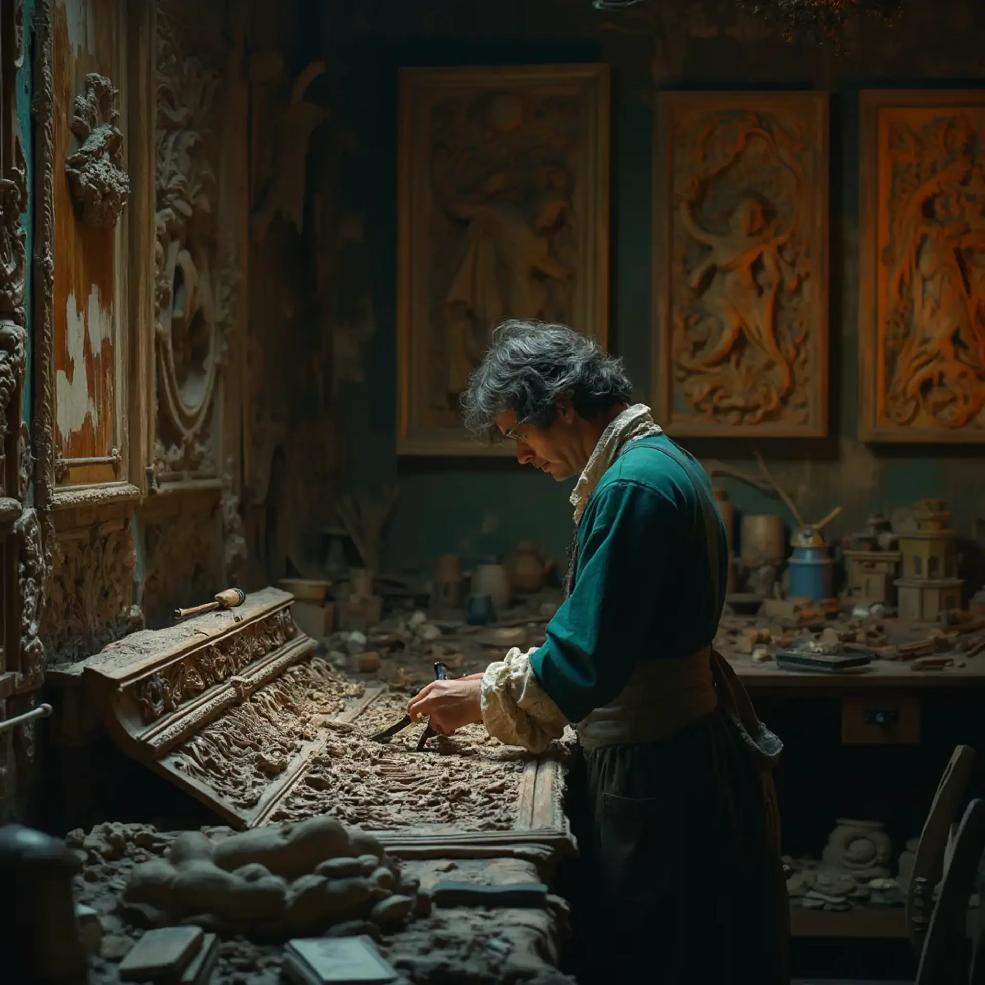 A thoughtful person gazing thoughtfully while touching a beautifully carved wooden column. The intricate carvings depict scenes of historical significance, showcasing the skills involved in wood carving. This image highlights the artistry found in wood carving classes and lessons.