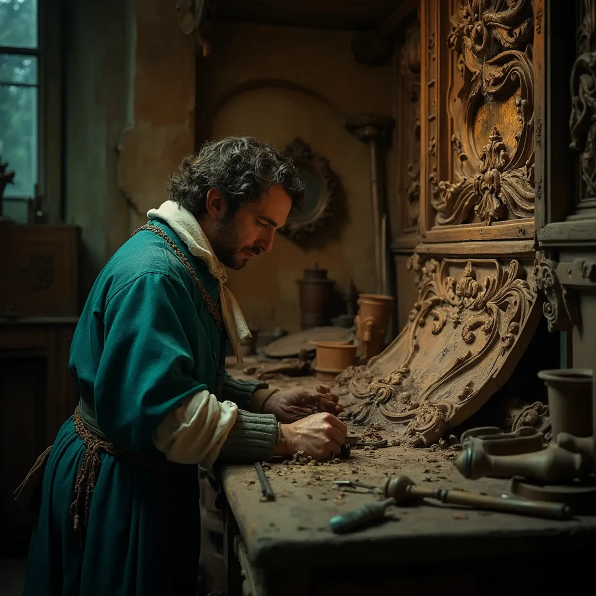 A thoughtful person gazing thoughtfully while touching a beautifully carved wooden column. The intricate carvings depict scenes of historical significance, showcasing the skills involved in wood carving. This image highlights the artistry found in wood carving classes and lessons.