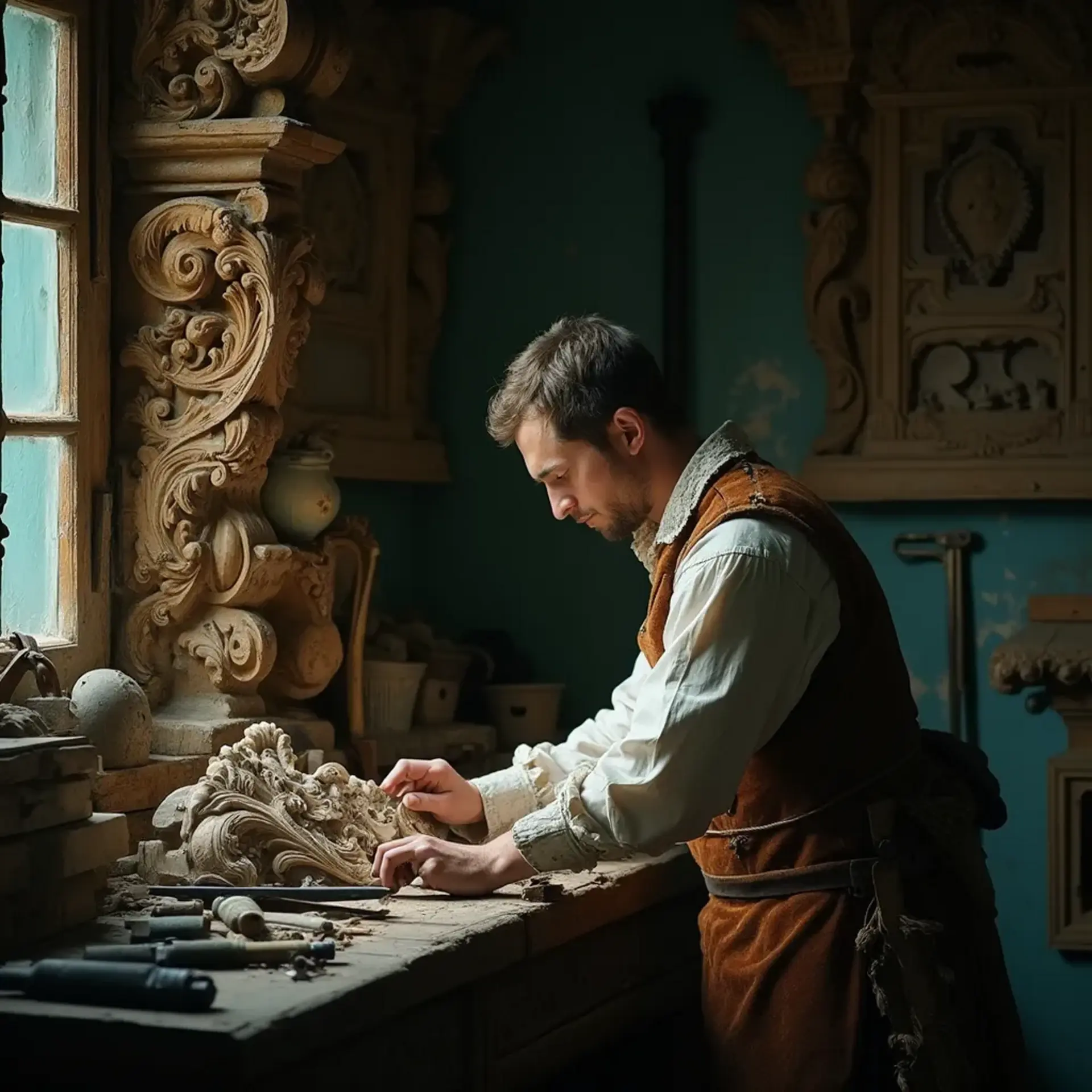 A thoughtful person gazing thoughtfully while touching a beautifully carved wooden column. The intricate carvings depict scenes of historical significance, showcasing the skills involved in wood carving. This image highlights the artistry found in wood carving classes and lessons.