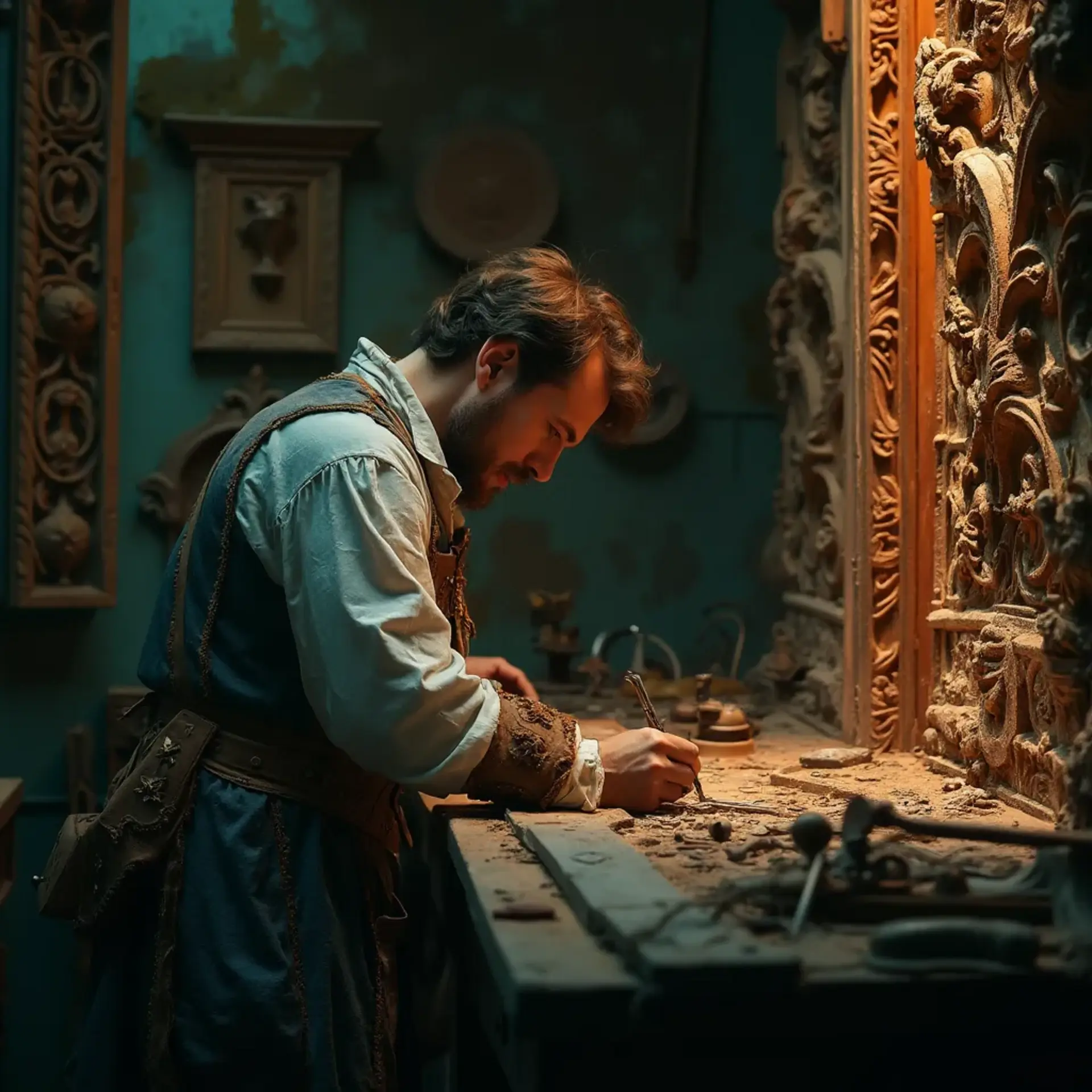 WOODCARVING LESSONS: Woodcarver Grabovetskiy wears historical clothes and carves detailed designs into wood. He works in a warm, cozy workshop that has many tools. - Wood Carving tutorials