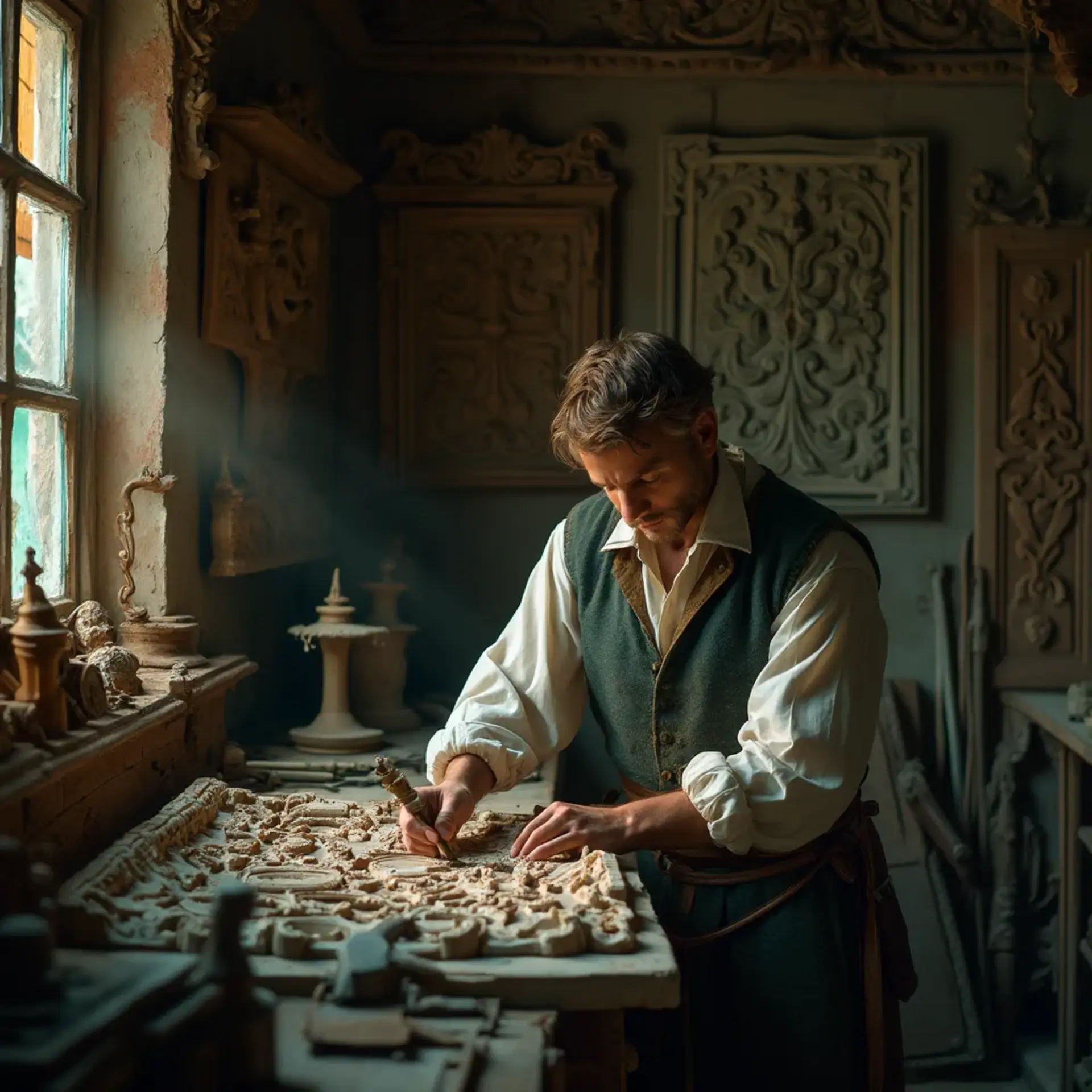 A thoughtful woodworker sitting at a workbench, pondering the best type of wood for carving. He holds a carving tool in one hand, with a sign in front of him that reads, "What wood is the best for carving?" This scene hints at the importance of choosing the right materials in wood carving classes and lessons.