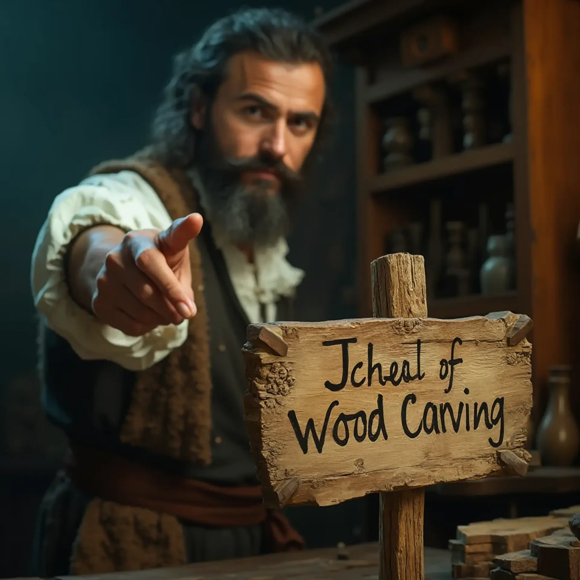 A skilled wood carver points toward a rustic sign that reads "Jcheal of Wood Carving," set against a backdrop filled with tools and woodworking materials. The setting evokes a sense of craftsmanship and passion for wood carving. Perfect for those interested in wood carving classes and lessons!