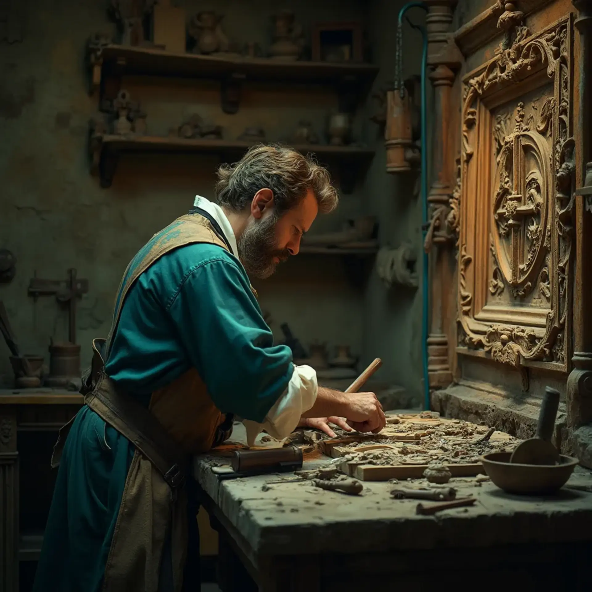 WOODCARVING LESSONS: Woodcarver Grabovetskiy, a man with a beard, holds a sign that says "What wood is the best for carving?" He looks thoughtful. Carving tools are on the table in front of him. - Wood Carving tutorials
