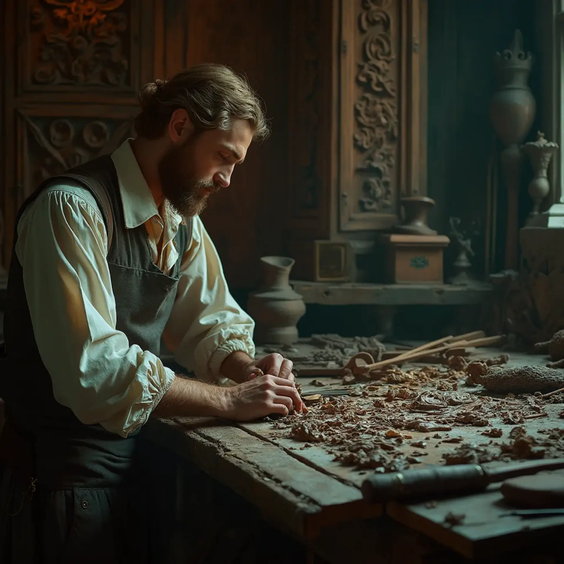 A thoughtful woodworker sitting at a workbench, pondering the best type of wood for carving. He holds a carving tool in one hand, with a sign in front of him that reads, "What wood is the best for carving?" This scene hints at the importance of choosing the right materials in wood carving classes and lessons.