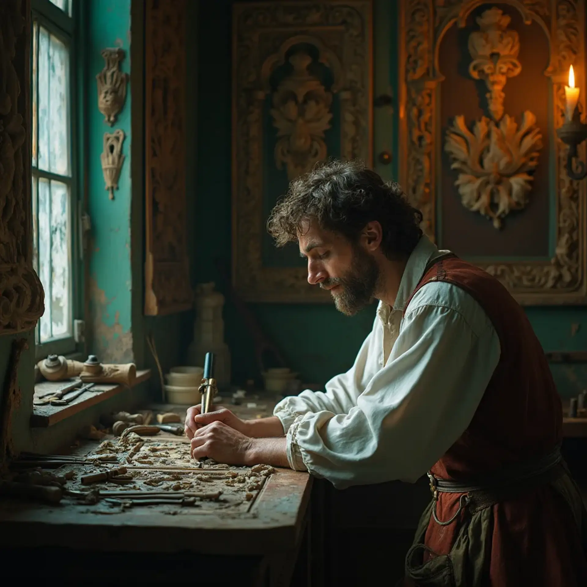 Alt text: A focused man with a beard sits at a workbench, pondering the question, "What wood is the best for carving?" surrounded by woodworking tools, emphasizing the topic of wood carving classes and lessons.