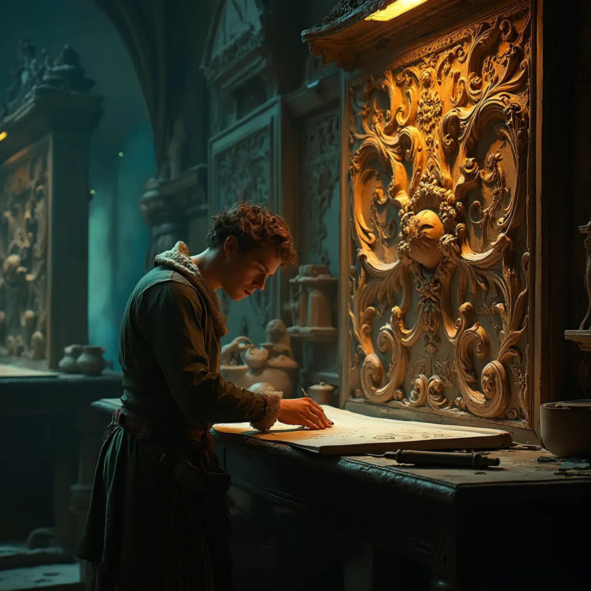 WOODCARVING LESSONS: A person dressed in old-style clothes writes at a wooden desk. The room is dimly lit and beautifully decorated. In the pictures, the only person you see is "Woodcarver Grabovetskiy". - Wood Carving tutorials