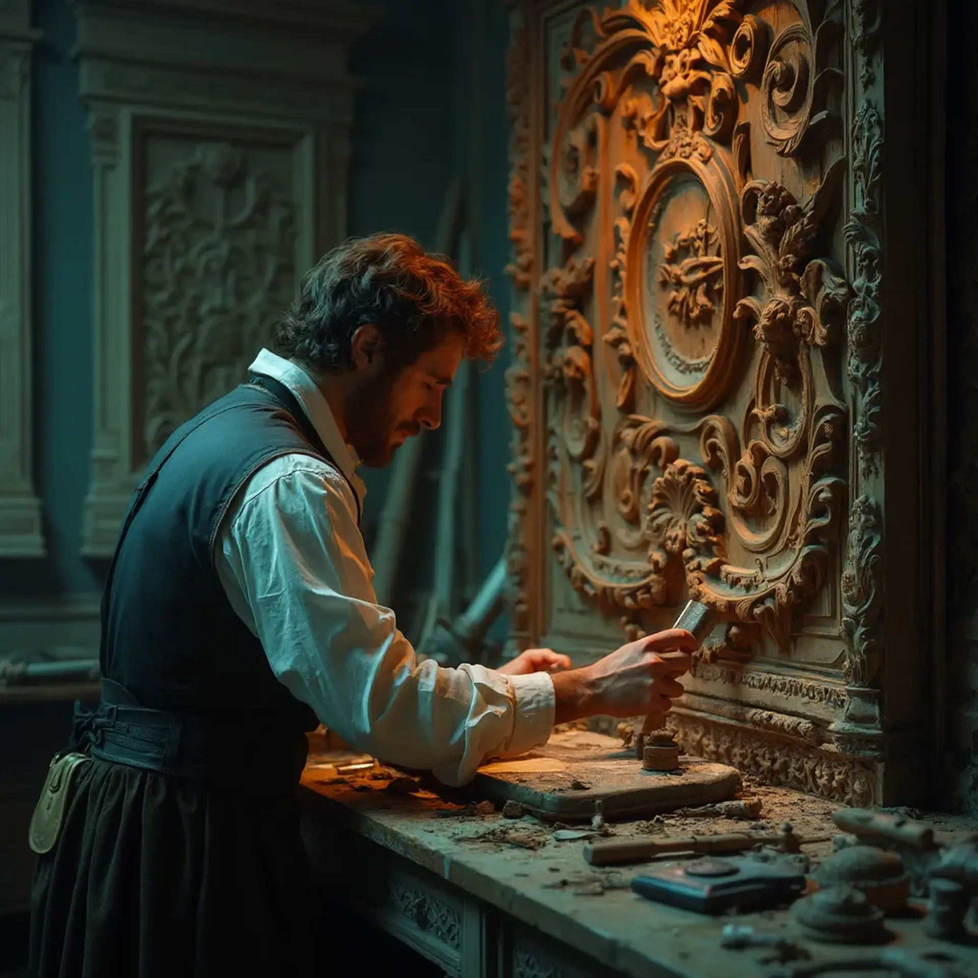 WOODCARVING LESSONS: Woodcarver Grabovetskiy, a man with a beard, holds a sign that says "What wood is the best for carving?" He looks thoughtful. Carving tools are on the table in front of him. - Wood Carving tutorials