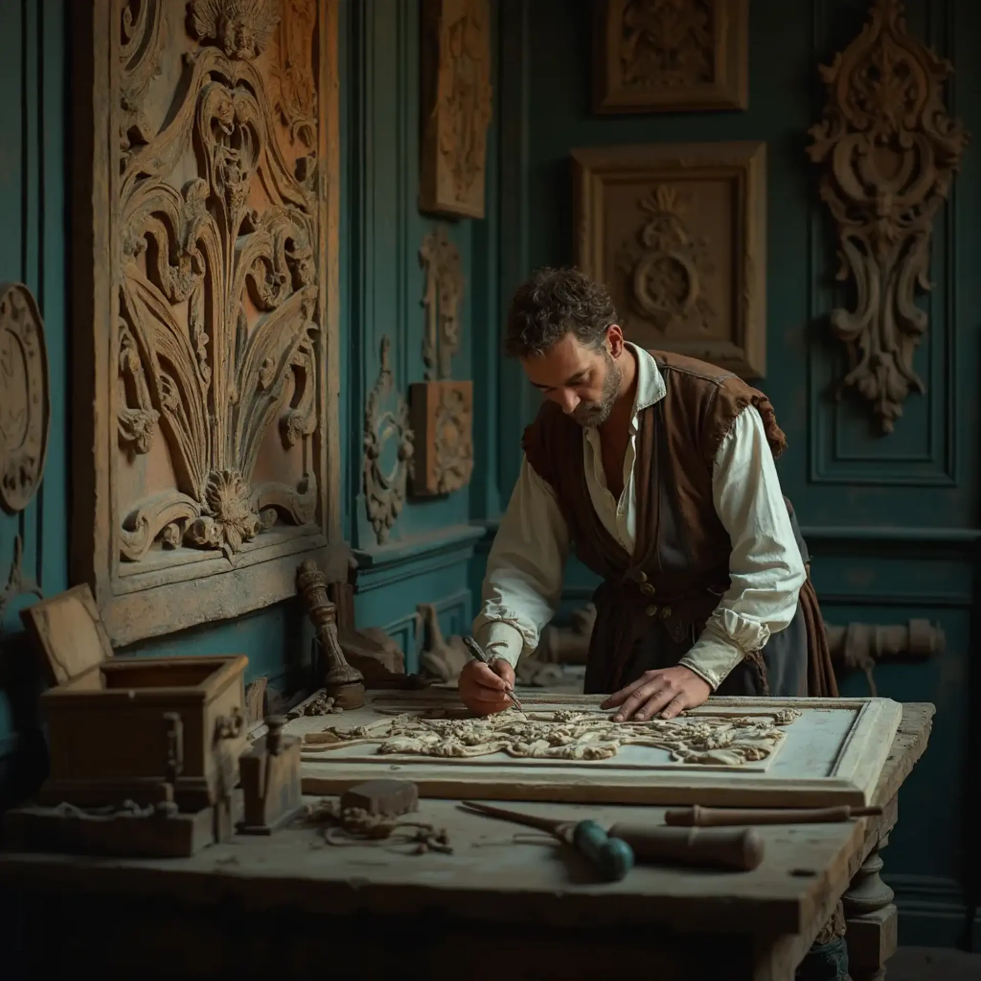 A thoughtful woodworker sitting at a workbench, pondering the best type of wood for carving. He holds a carving tool in one hand, with a sign in front of him that reads, "What wood is the best for carving?" This scene hints at the importance of choosing the right materials in wood carving classes and lessons.