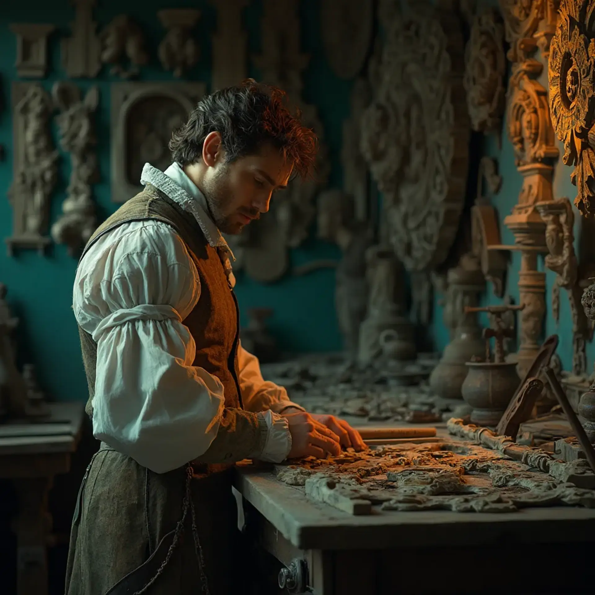 A thoughtful person gazing thoughtfully while touching a beautifully carved wooden column. The intricate carvings depict scenes of historical significance, showcasing the skills involved in wood carving. This image highlights the artistry found in wood carving classes and lessons.
