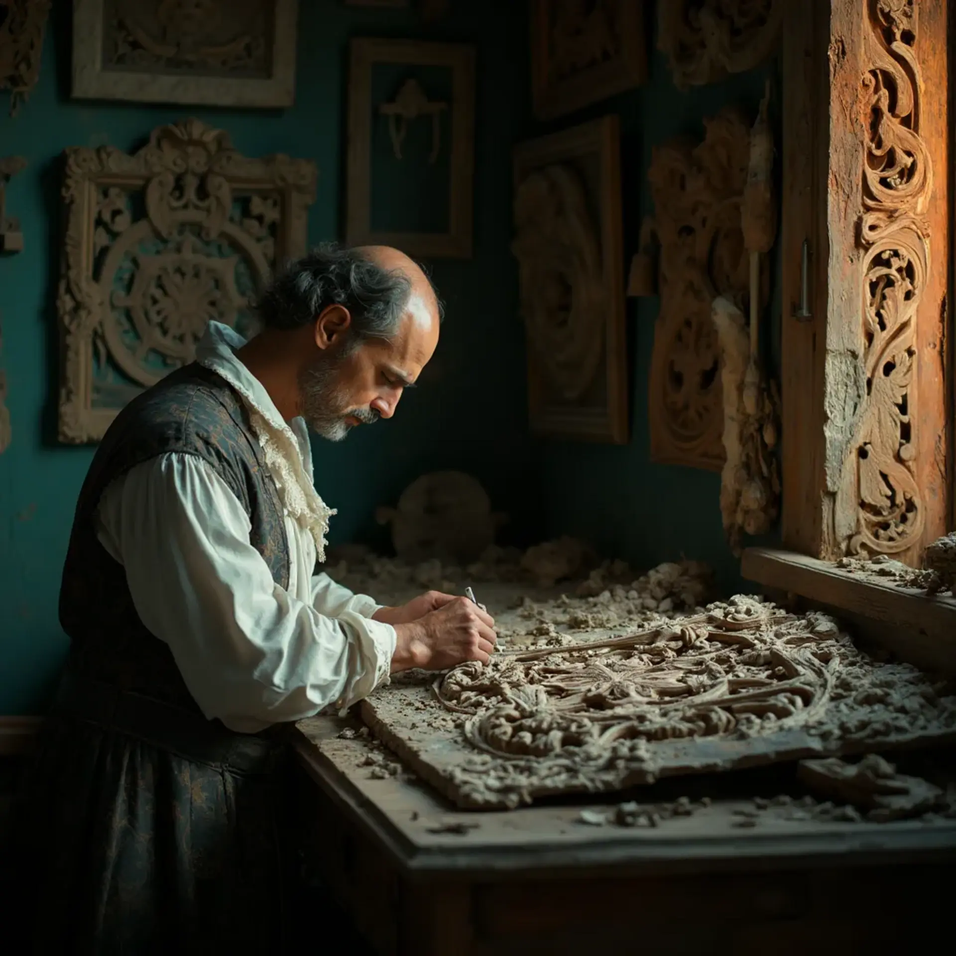 WOODCARVING LESSONS: Woodcarver Grabovetskiy, a man with a beard, holds a sign that says "What wood is the best for carving?" He looks thoughtful. Carving tools are on the table in front of him. - Wood Carving tutorials