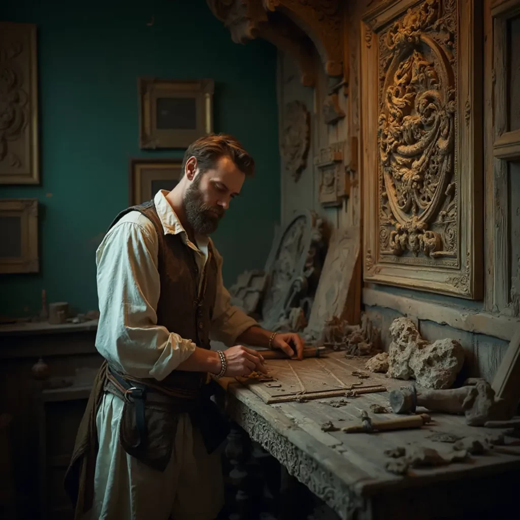 A person engaging in wood carving at a workbench filled with tools and wood shavings, showcasing their craftsmanship and focus. The artist, with a beard and dressed in a rustic outfit, is seen sketching designs on a wooden board. The background features intricate carvings and tools reflective of wood carving classes and lessons. Perfect for those interested in honing their skills in this craft!