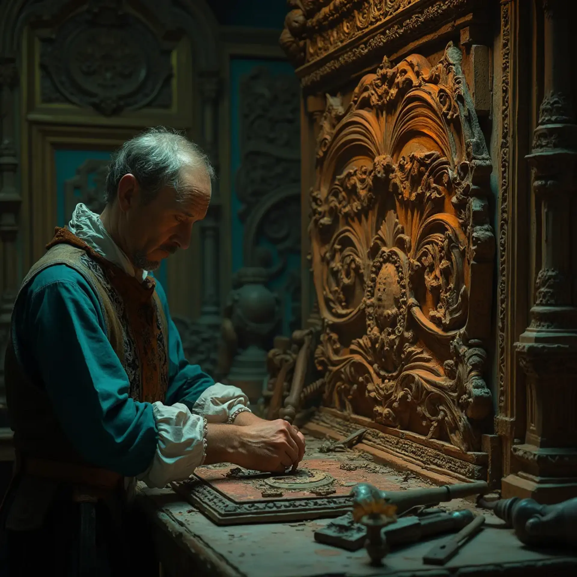 WOODCARVING LESSONS: Woodcarver Grabovetskiy, a man with a beard, holds a sign that says "What wood is the best for carving?" He looks thoughtful. Carving tools are on the table in front of him. - Wood Carving tutorials