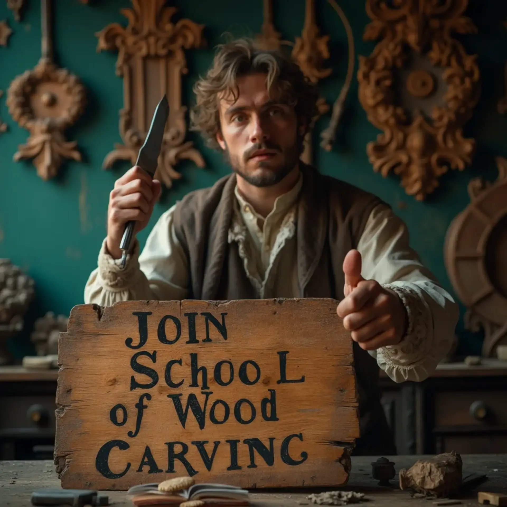 WOODCARVING LESSONS: Woodcarver Grabovetskiy, an elderly man with a gray beard, holds a carving tool and a sign that asks, "What is the best wood for carving? - Wood Carving tutorials