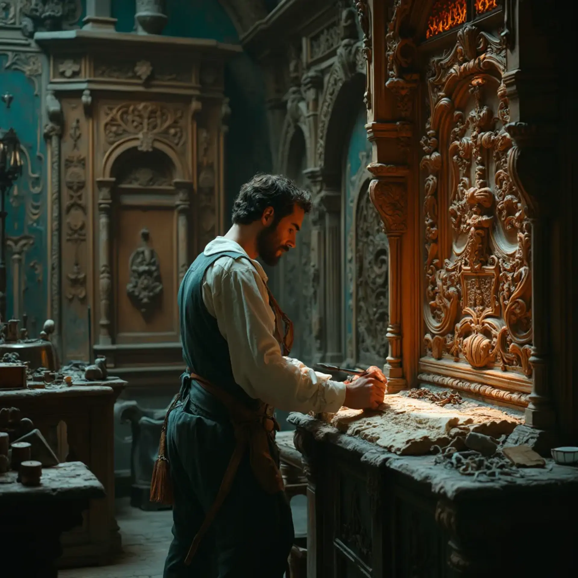 WOODCARVING LESSONS: Woodcarver Grabovetskiy, a man with a beard, holds a sign that says "What wood is the best for carving?" He looks thoughtful. Carving tools are on the table in front of him. - Wood Carving tutorials