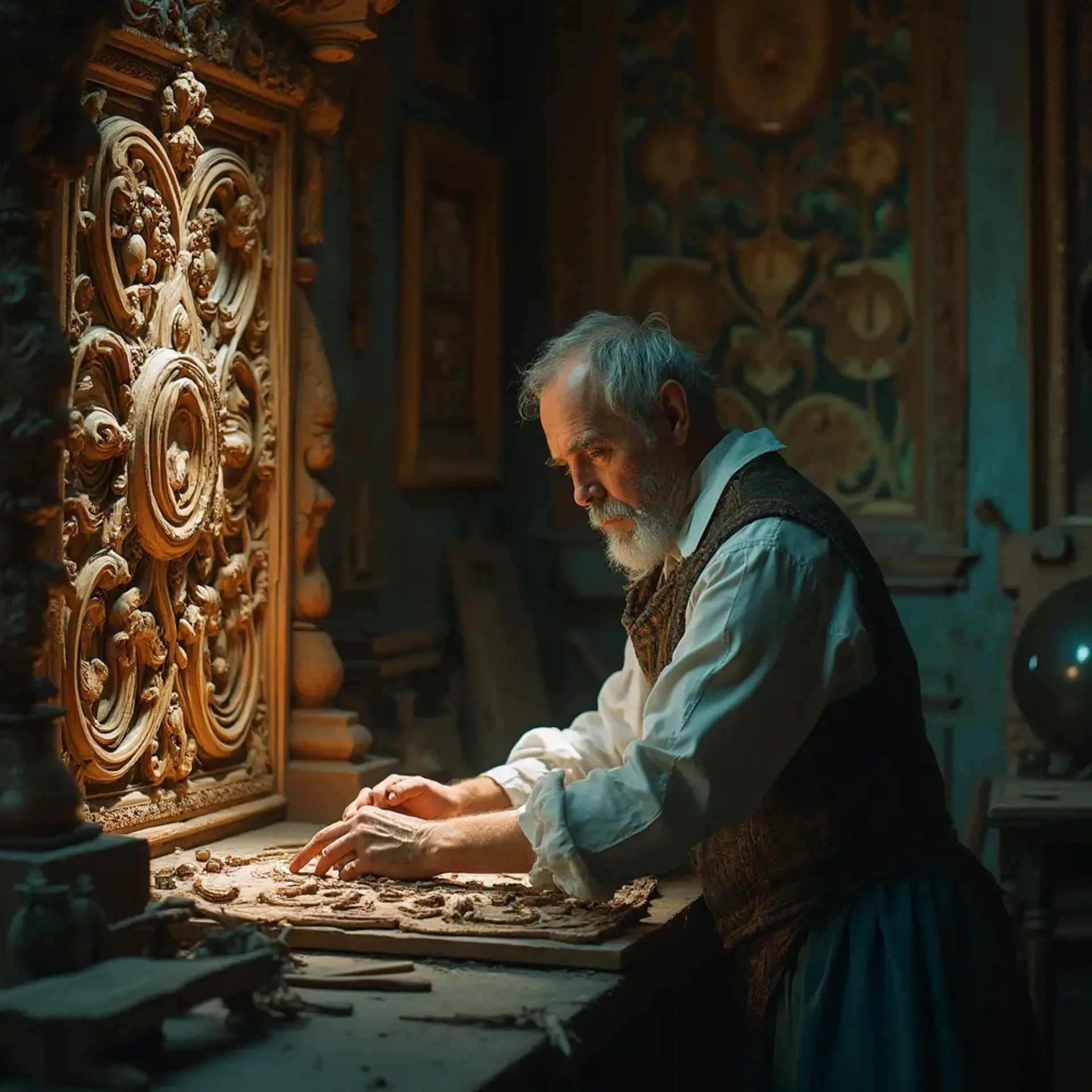 WOODCARVING LESSONS: Woodcarver Grabovetskiy, a man with a beard, holds a sign that says "What wood is the best for carving?" He looks thoughtful. Carving tools are on the table in front of him. - Wood Carving tutorials