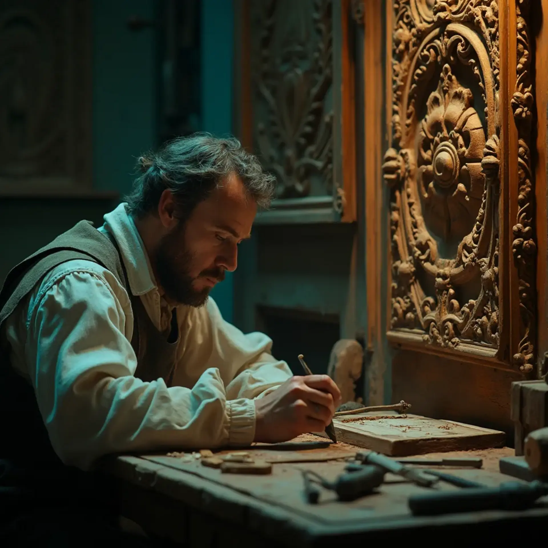 A man is deeply focused on wood carving lessons at his workbench, surrounded by stunningly carved wooden pieces. He's holding a small tool, meticulously outlining designs on a piece of wood. The warm lighting highlights the intricate details of his work and the tools scattered on the table. This scene beautifully captures the essence of wood carving classes and the dedication that goes into mastering the craft.