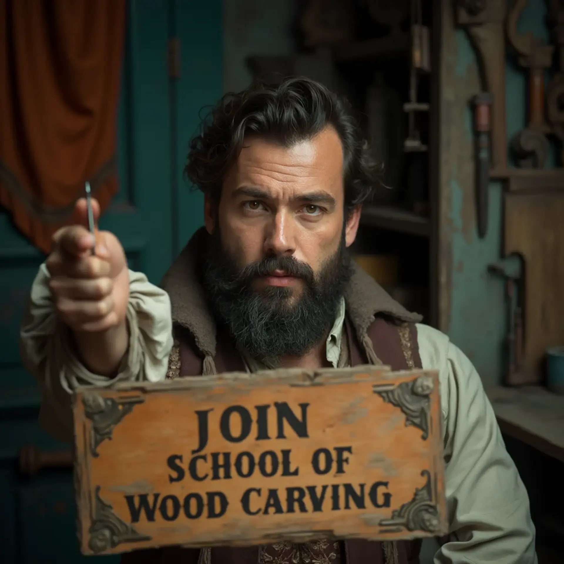 WOODCARVING LESSONS: A bearded man, Woodcarver Grabovetskiy, stands in a workshop. Tools hang on the walls. He holds a carving tool in one hand and a wooden sign that says "Join School of Wood Carving" in the other. - Wood Carving tutorials