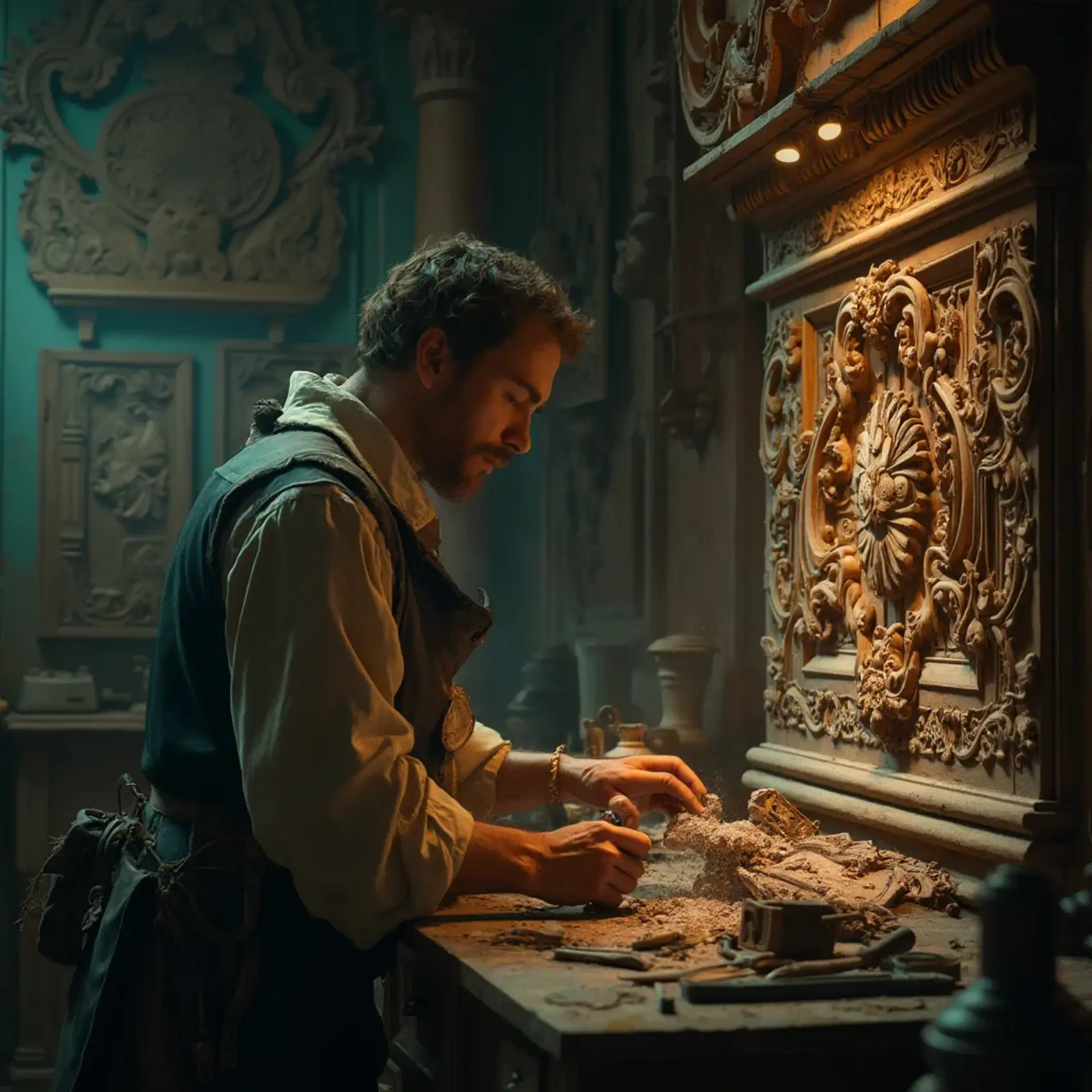 WOODCARVING LESSONS: A man, Woodcarver Grabovetskiy, stands at a workbench. He carefully carves detailed wooden designs in a dim workshop full of beautiful woodwork. - Wood Carving tutorials
