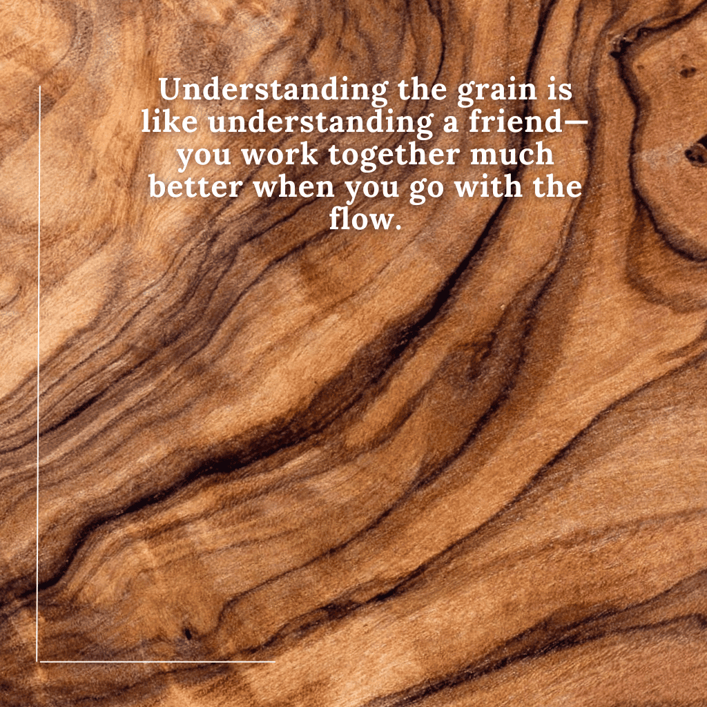 WOODCARVING LESSONS: Close-up of wood grain with text, "Knowing the grain is like knowing a friend. Work better when you go with it." Only person in the picture is "Woodcarver Grabovetskiy". - Wood Carving tutorials