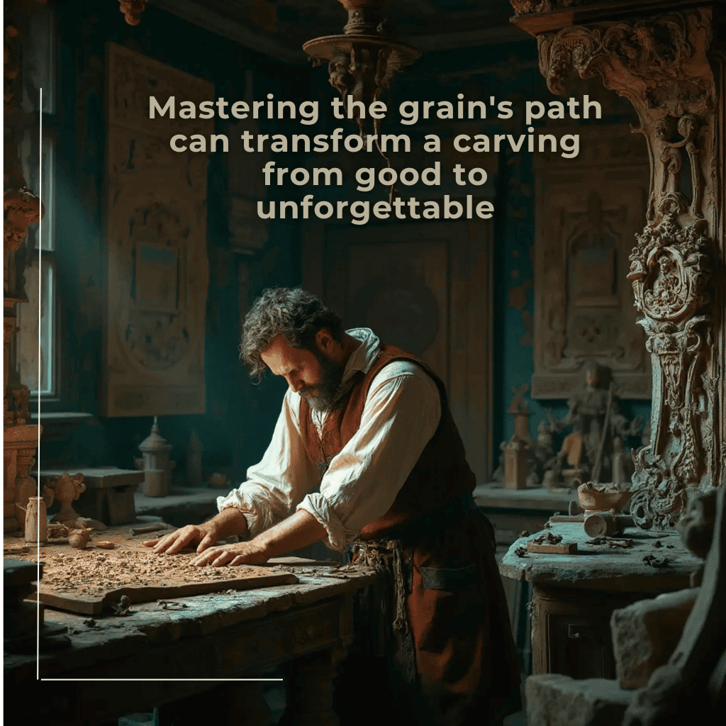 WOODCARVING LESSONS: A craftsman carves wood in a decorated workshop. Text overlay: "Master wood grain to make carvings great. - Wood Carving tutorials